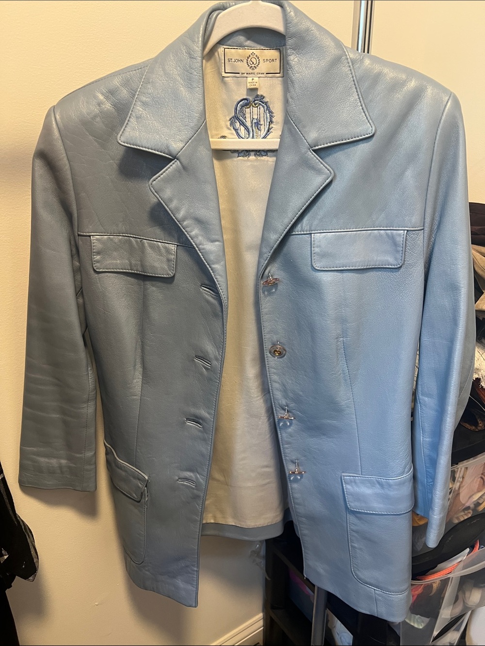Vintage St John Baby Blue Pearlized Leather Sports Jacket / Blazer